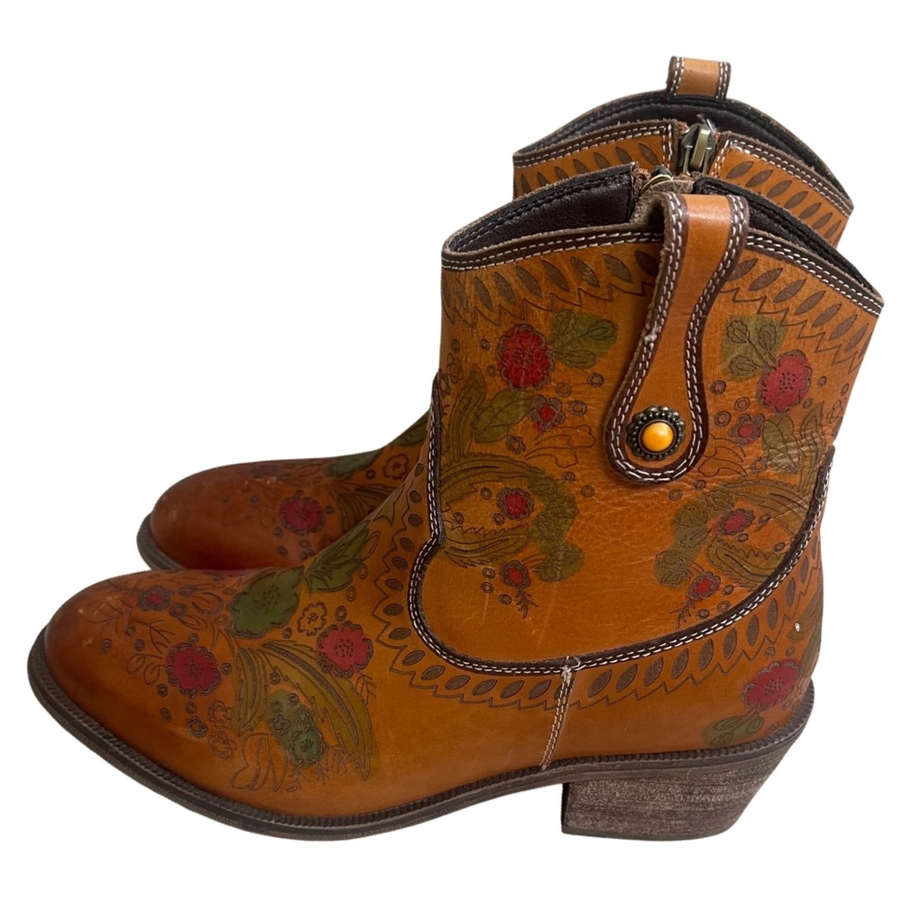 Spring Step L'Artiste Floral galop Leather Western Ankle Boots Tan 39/usa 8.5